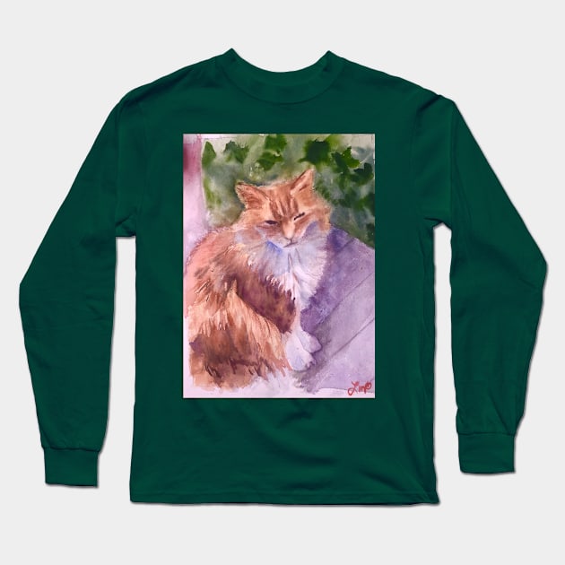 Orange fluffy kitty watercolor Long Sleeve T-Shirt by BakersDaughter